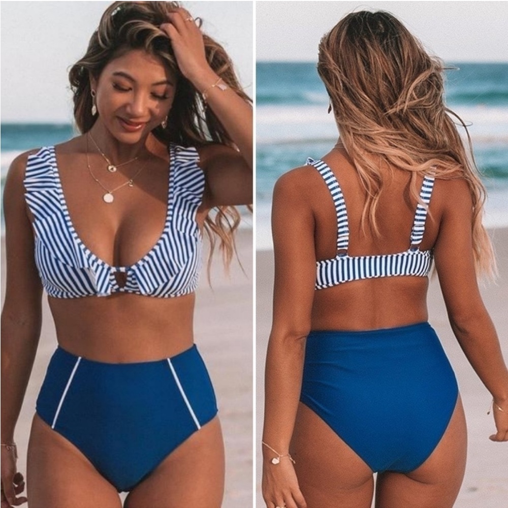 CUPSHE Blue Striped Ruffles High Waisted Bikini, Blue, Size Medi…